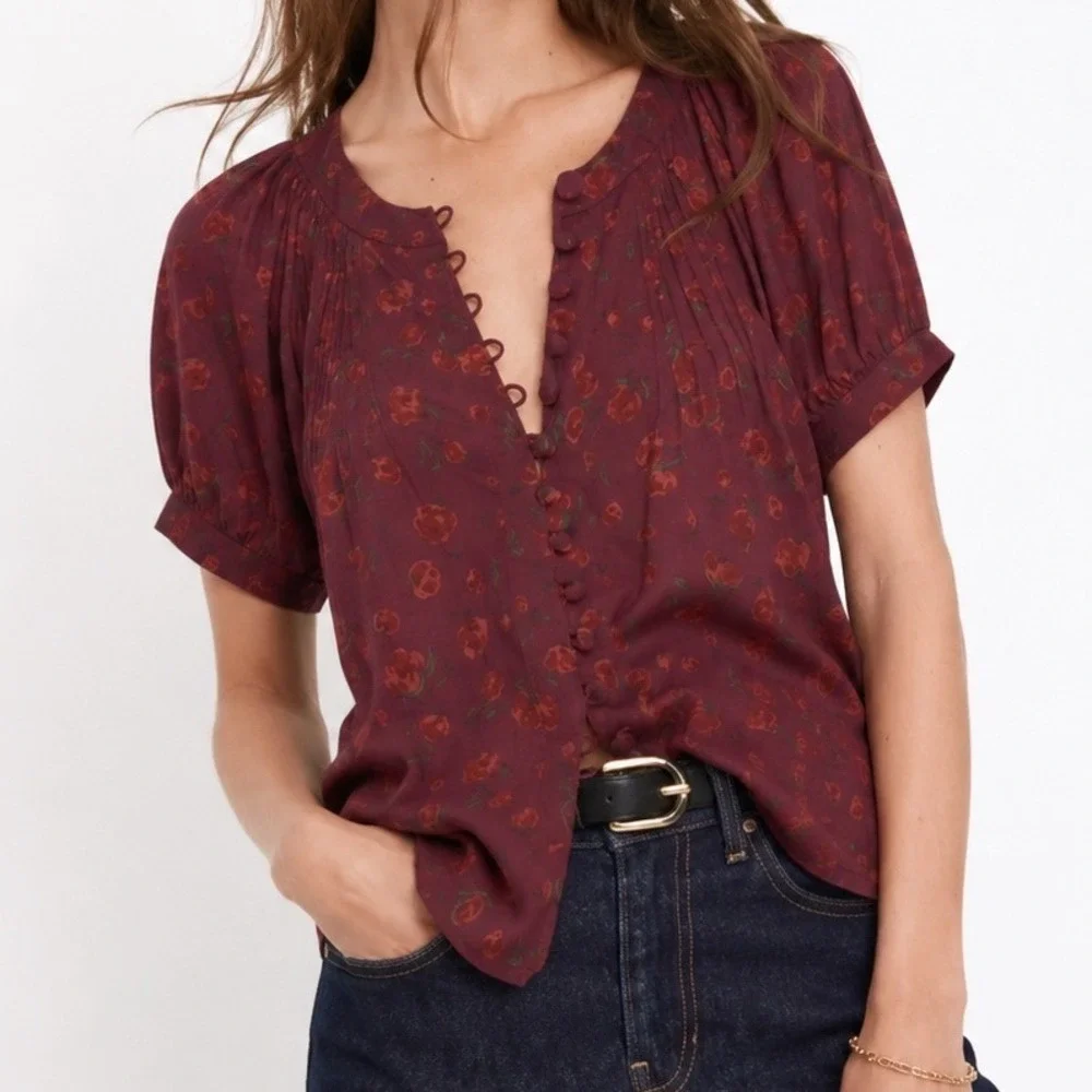 Reformation Calia Burgundy Rose Floral Top Size Small Pintuck Puff Sleeve Button